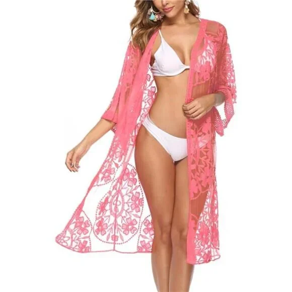 Women's Floral Lace Sheer Kimono Cover Up Beach Cardigan Long Crochet Swimsuit